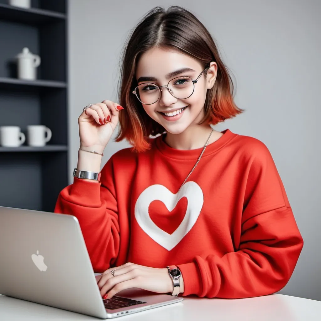 Prompt: A girl with a shoulder length, hair Ombre Red Oversize sweatshirt, spectacles, rectangular, working on a laptop, cute smile, silver bangle in one hand, making heart with fingers
