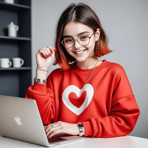 Prompt: A girl with a shoulder length, hair Ombre Red Oversize sweatshirt, spectacles, rectangular, working on a laptop, cute smile, silver bangle in one hand, making heart with fingers
