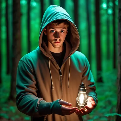 Prompt:  guy with a hood on in the woods at night hooding a light in his hands 