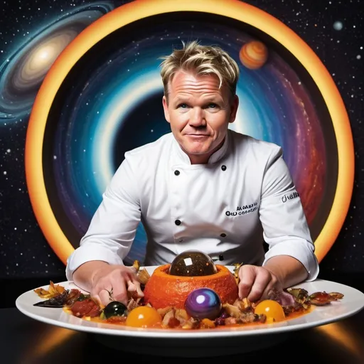 Prompt: Gordon Ramsay (vivid expression), indulging in a surreal feast, bold details showcasing Saturn as an extravagant gourmet dish, vibrant colors of the planet's rings illuminated overhead, whimsical cosmic background, starry void, dramatic lighting creating an ethereal ambiance, high-quality details of each flavor and texture, hyper-realistic spectacle, captivating and imaginative.