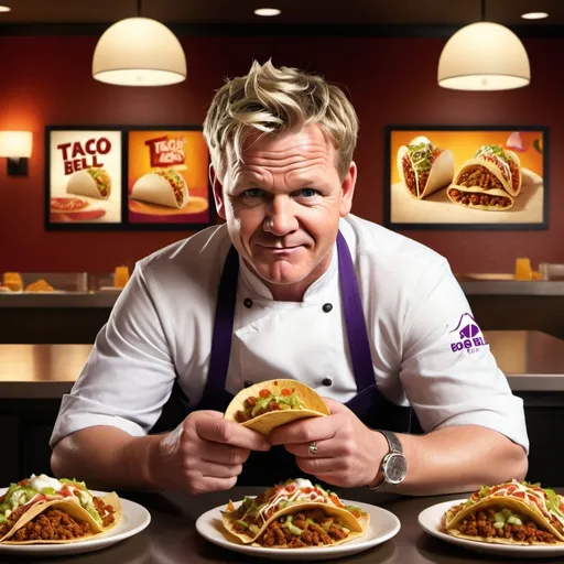 Prompt: (photorealistic) Gordon Ramsay, enjoying Taco Bell, animated facial expression filled with delight, vibrant restaurant background, warm inviting lighting, indulgent atmosphere, showcasing iconic Taco Bell items, ultra-detailed textures, color saturation emphasizing the zest of fast food, capturing the juxtaposition of gourmet chef and fast-food favorite, HD images for maximum clarity.