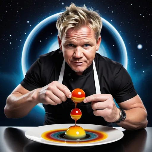 Prompt: Gordon Ramsay (vivid expression), indulging in a surreal feast, bold details showcasing Saturn as an extravagant gourmet dish, vibrant colors of the planet's rings illuminated overhead, whimsical cosmic background, starry void, dramatic lighting creating an ethereal ambiance, high-quality details of each flavor and texture, hyper-realistic spectacle, captivating and imaginative.