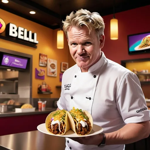 Prompt: (photorealistic) Gordon Ramsay, enjoying Taco Bell, animated facial expression filled with delight, vibrant restaurant background, warm inviting lighting, indulgent atmosphere, showcasing iconic Taco Bell items, ultra-detailed textures, color saturation emphasizing the zest of fast food, capturing the juxtaposition of gourmet chef and fast-food favorite, HD images for maximum clarity.