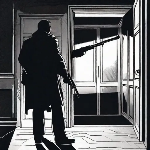Prompt: In a dark room, a man stands in an open doorway, facing the viewer. The light from outside casts a stark silhouette, making him appear as a shadowy figure. He holds one pistol with a silencer, in his right hand, pointed at the floor. The light emphasizes the outline of his figure and the gun, while the rest of the room remains shrouded in darkness.
