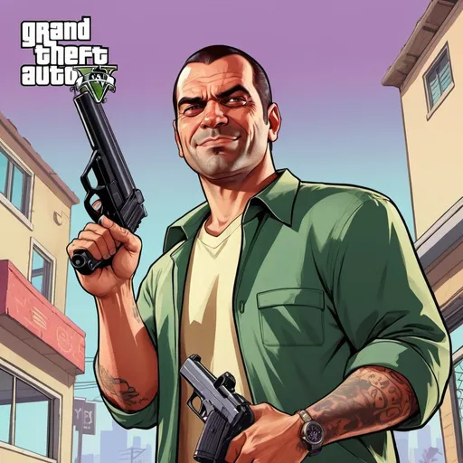 Prompt: GTA V cover art, delivery man smiling, holding a gun, cartoon illustration
