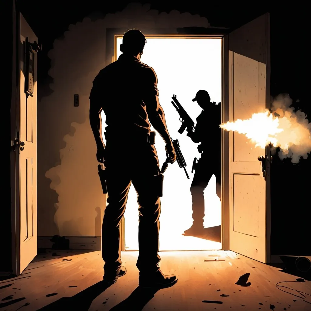 Prompt: the black outline of a man standing in a doorway, the only light in the room is backlit behind him, he is holding 1 gun pointing down, the gun has smoke coming out of the barrel