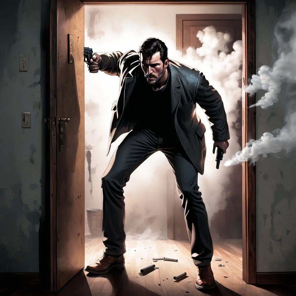 Prompt: a man entering a dark room, standing in the doorway, only showing his outline, holding a handgun pointed down, smoke coming out of the barrel