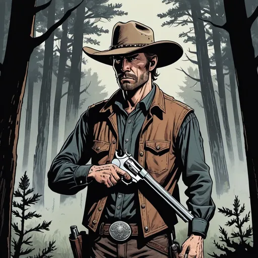 Prompt: Man cowboy, in the forest, detailed, dark colors, dramatic, graphic novel illustration, aiming a glock