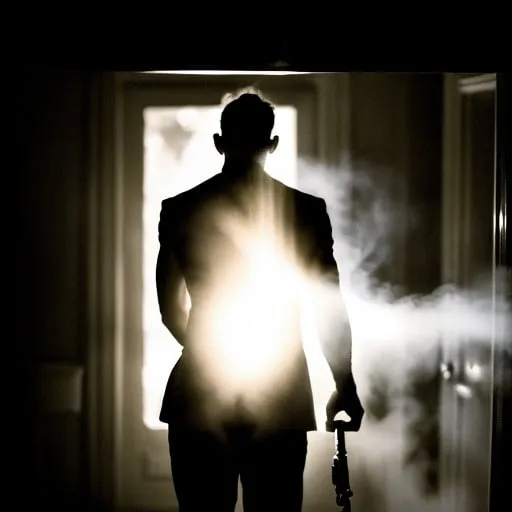 Prompt: In a dark room, a man stands near an open doorway, his back to the viewer. The light from outside casts a stark silhouette, making him appear as a shadowy figure. He holds a smoking gun in one hand, the smoke curling upwards and illuminated by the light behind him. The light creates a dramatic contrast, emphasizing the outline of his figure and the gun, while the rest of the room remains shrouded in darkness.