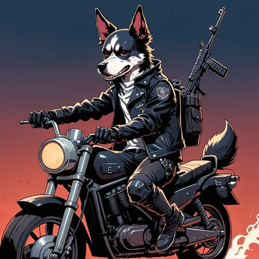 Prompt: 2d dark j horror anime style, dog dressed in leather, sitting on a motorcycle holding a ar-15