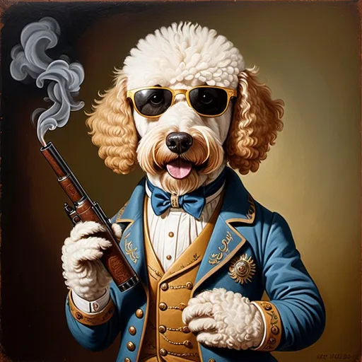 Prompt: folk art 18th century, golden doodle wearing sunglasses, holding an AR15, smoking a cigar, painted