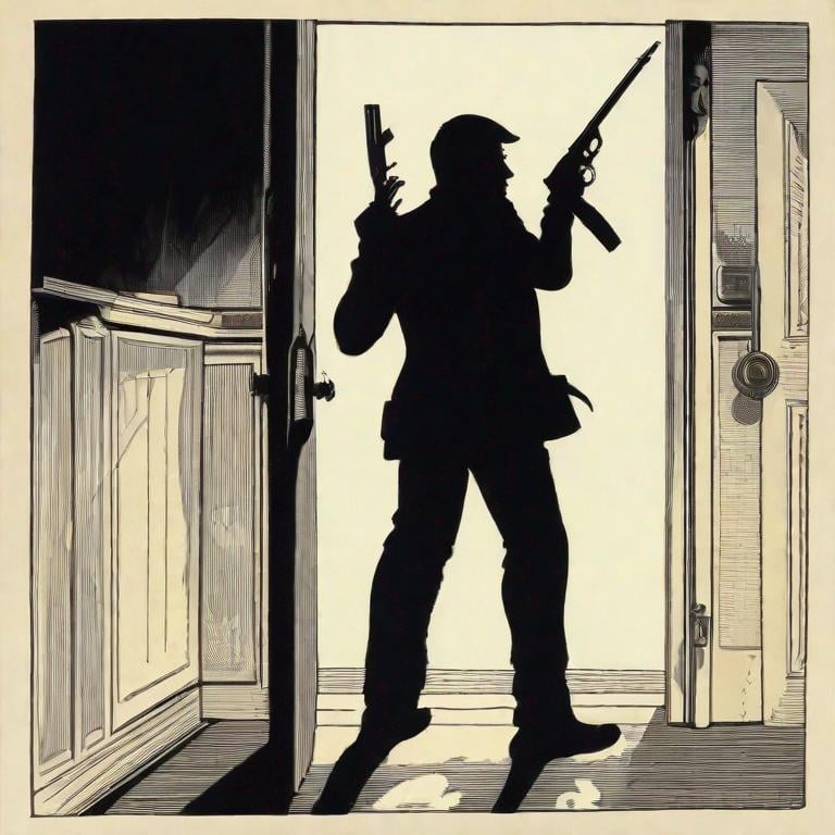 Prompt: In a dark room, a man stands in an open doorway, his back to the viewer. The light from outside casts a stark silhouette, making him appear as a shadowy figure. He holds a smoking gun in one hand, his hand is on the grip and the gun is pointed at the floor. The light emphasizes the outline of his figure and the gun, while the rest of the room remains shrouded in darkness.