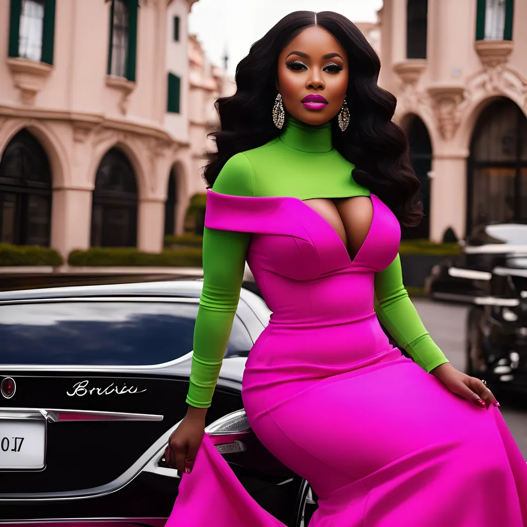 Prompt: an black lady with  thick figure in hotpink barbieish glamour dress fitted dress giant lips real life lady