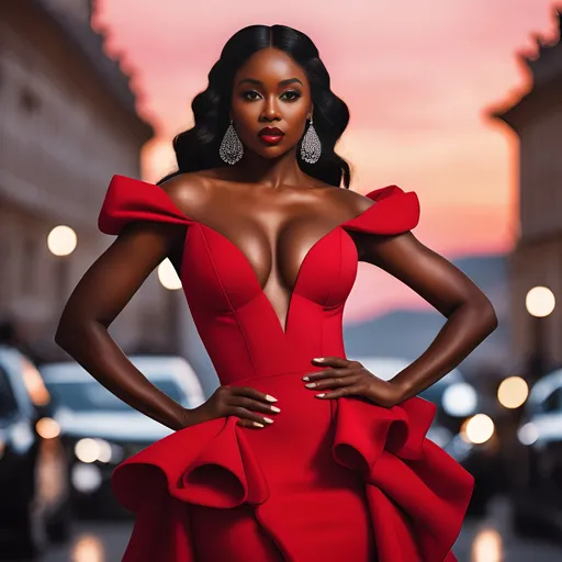 Prompt: an black lady with  pear figure in red glamour dress