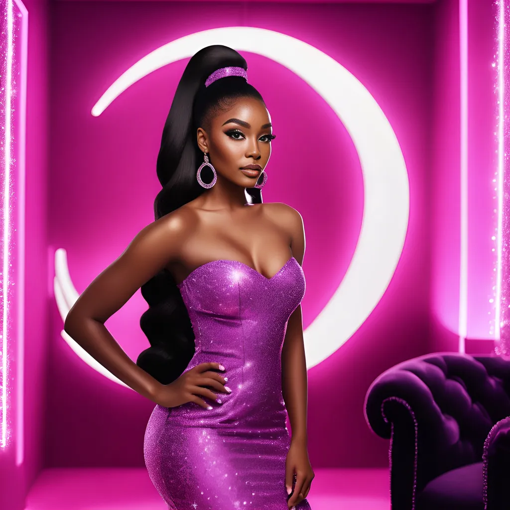 Prompt: an black lady with  thick skinny figure in hotpink barbieish glamour dress fitted dress giant hipp real life lady hair in blonde ponytails in glam room with an moon in the room glittery light