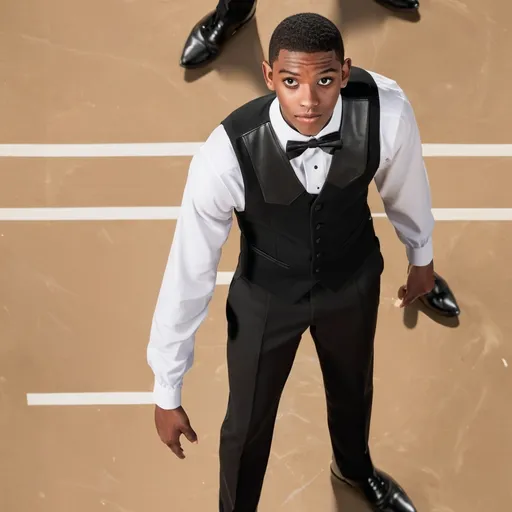 Prompt: a 19 year old man wearing a tuxedo and black leather formal shoes, beautiful male face, miles morales, whole body portrait, in a basketball court, tim hildebrant, giga chad capaybara