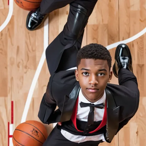 Prompt: a 19 year old man wearing a tuxedo and black leather formal shoes, beautiful male face, miles morales, whole body portrait, in a basketball court, tim hildebrant, giga chad capaybara