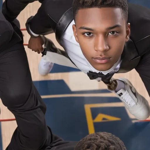 Prompt: a 19 year old man wearing a tuxedo and black leather formal shoes, beautiful male face, young man with beautiful face, whole body portrait, in a basketball court, single realistic face, attractive male, generate realistic face, realistic human face, realistic perfect face, realistic face and body hybrid, miles morales, tim hildebrant, generic male npc face, giga chad capaybara