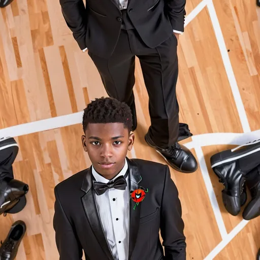 Prompt: a 19 year old man wearing a tuxedo and black leather formal shoes, beautiful male face, miles morales, whole body portrait, in a basketball court, tim hildebrant, giga chad capaybara