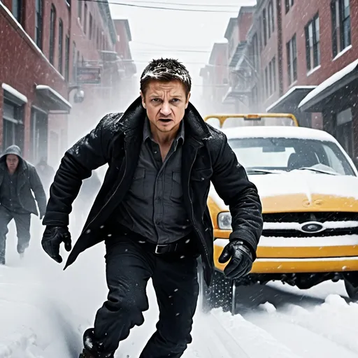 Prompt: Jeremy renner scared and running away from a snowplow chasing him. Make the snowplow prominent