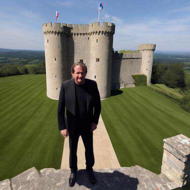 Prompt: billionaire stood on castle