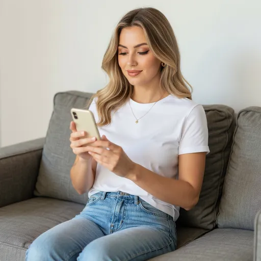 Prompt: This women sitting on the sofa and typing on her phone.