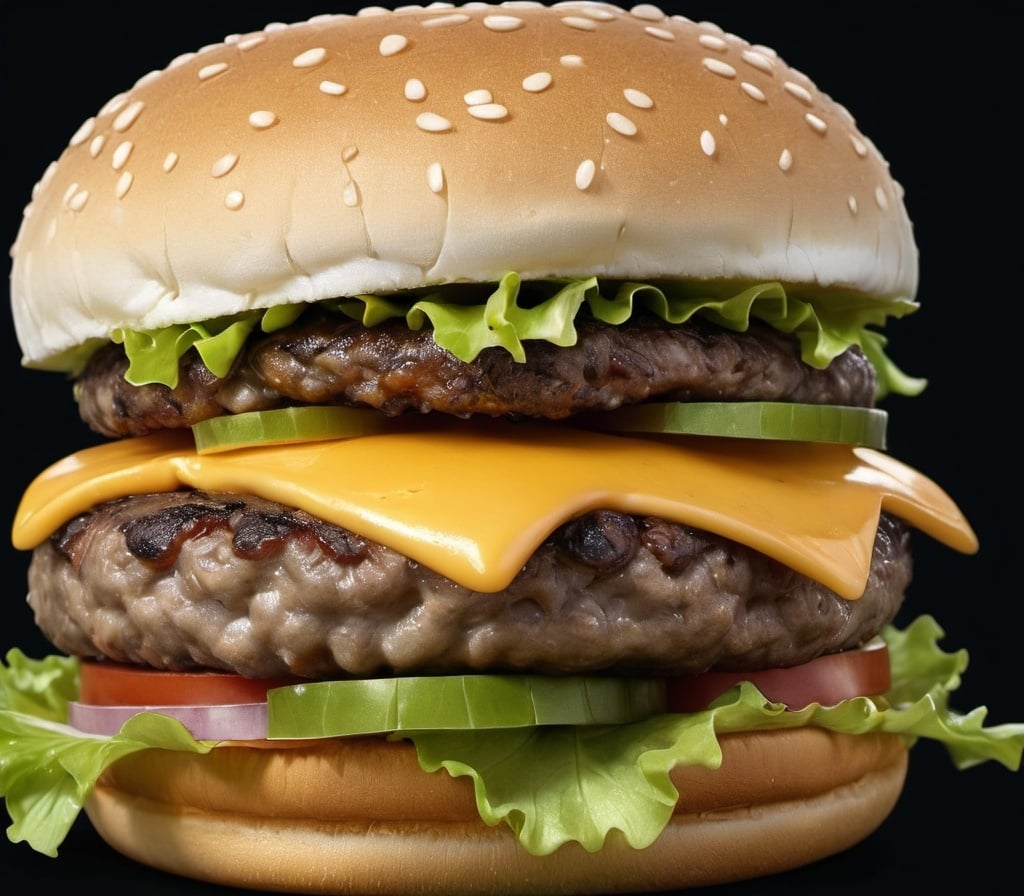 Prompt: a hamburger with cheese and lettuce on a black background with a black background behind it and a black background with a black backdrop, Americo Makk, hyperrealism, professional food photography, a computer rendering