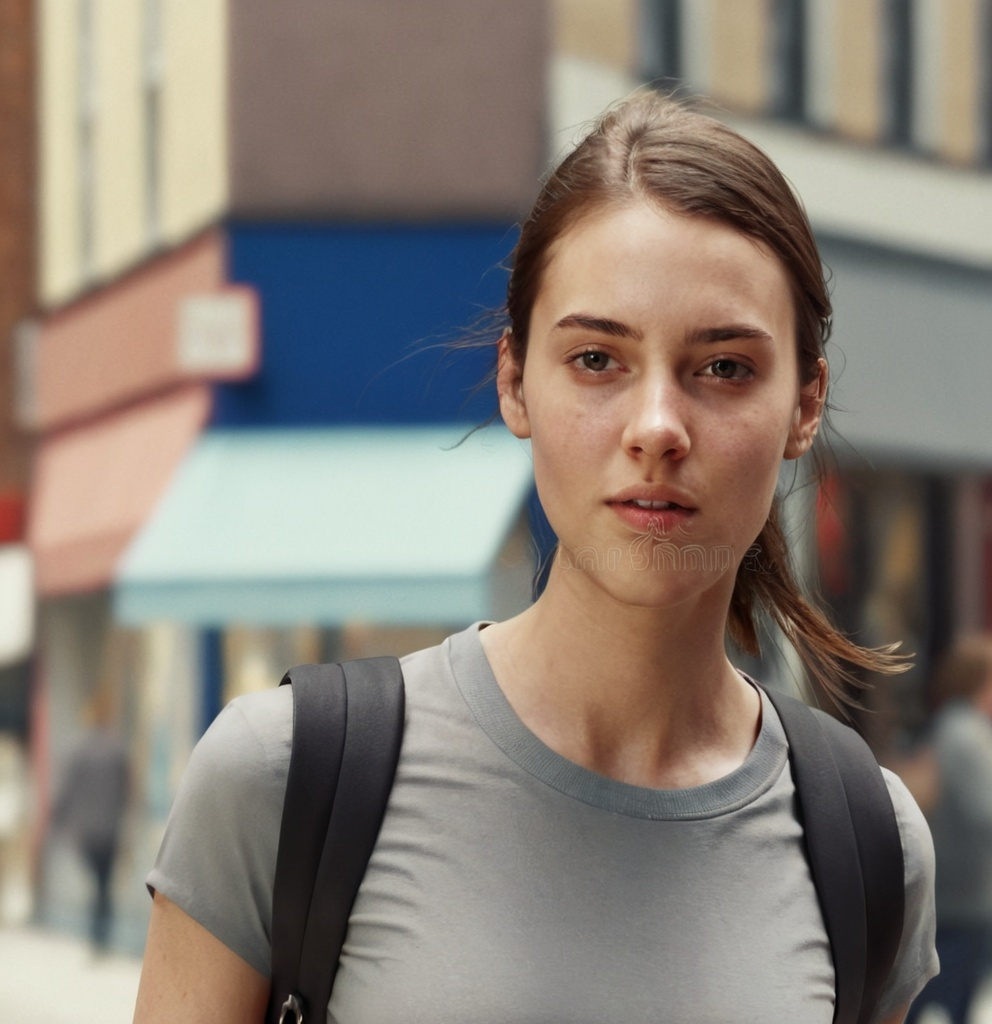 Prompt: Tall young woman walking down the high street, detailed clothing, realistic, natural lighting