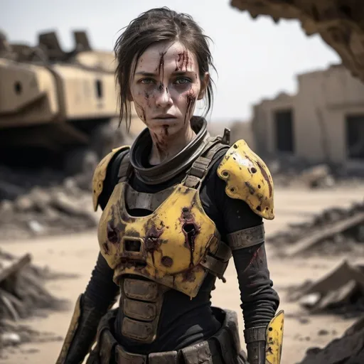 Prompt: a young woman, her once vibrant black-and-yellow armor now marred by battle scars and serious injuries. Smeared with dirt and blood, her face bears the raw wounds of combat, each grimace revealing the pain she endures. The horizon is dotted with remnants of a once-thriving civilization, now reduced to rubble and decay, while strange alien flora encroaches upon the desolation.
Gripped tightly in her hand is a worn weapon, its surface reflecting the eerie glow of distant anomalies. It's a scene where the boundaries between science fiction and post-apocalyptic reality blur, where the resilience of the human spirit is tested amidst the chaos of war and the mysteries of an alien world.