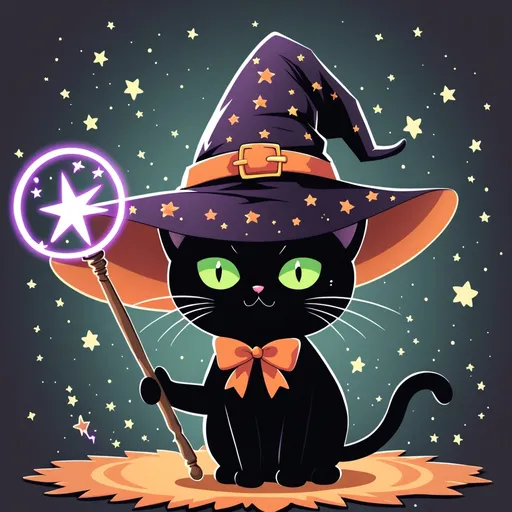 Prompt: Black cat, cute cat. wearing witch hat, holding a magic wand, scary