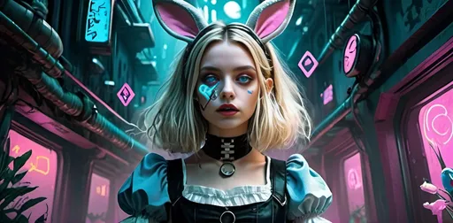 Prompt: Alice in wonderland but cyberpunk cool
