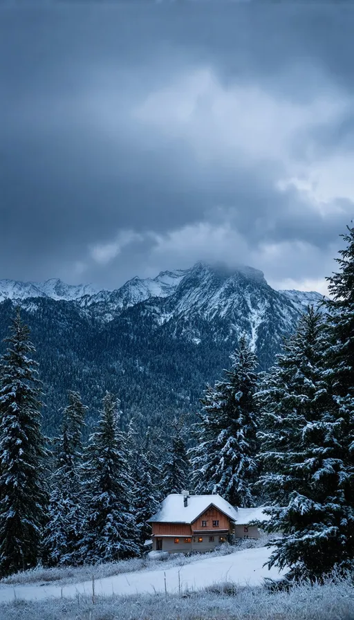 Prompt: Fabulous mountain ranges, with a small house on the far sitting on the mountains, lots of trees, snowy during winter storm