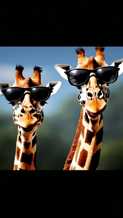 Prompt: a portrait of three giraffe wearing sunglasses 