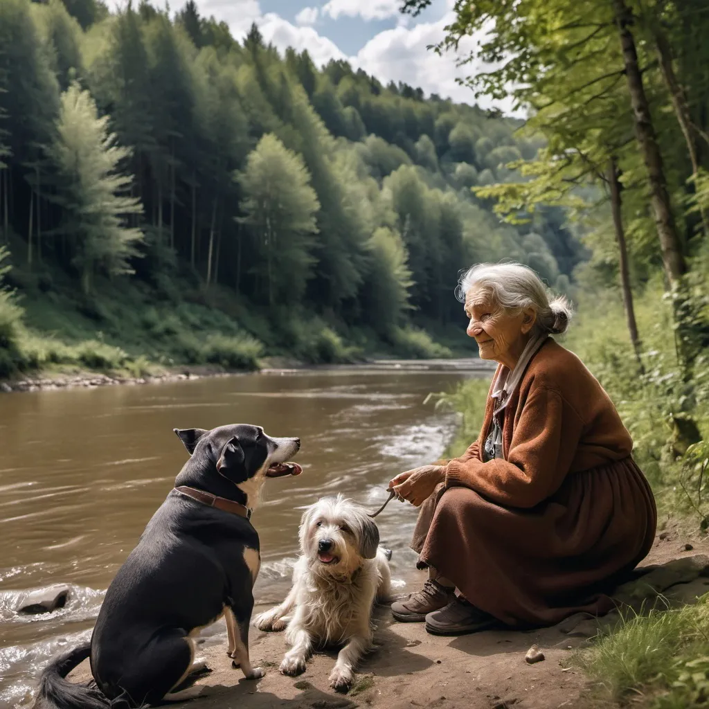 Prompt: An old women living with her dog near a river and forest