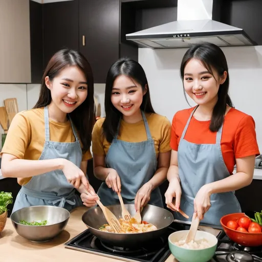 Prompt: Show me a picture of three Asian girls happily cooking.