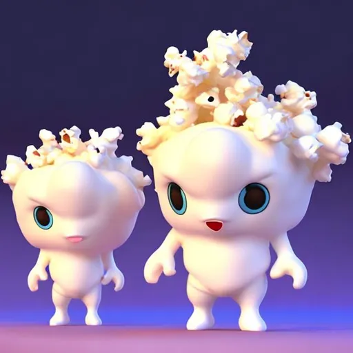Prompt: Create a cute 3D white kernel popcorn character 