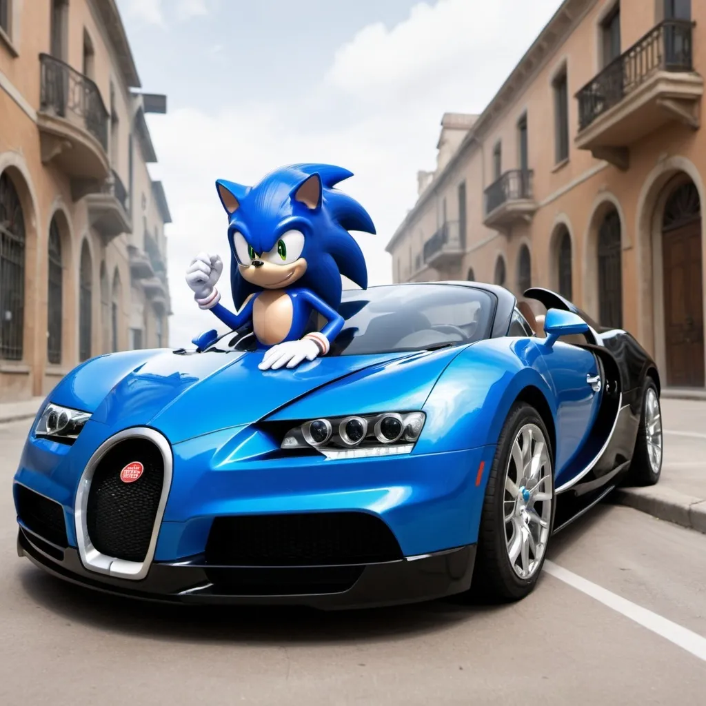 Prompt: sonic with bugatti car. generate Wide resolution images