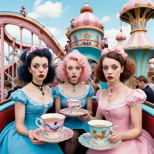Prompt: Serious women drinking out of ornate teacups riding a roller coaster, surrealism, fun house, carnival, pastel colors, carousel, monorail, pink poodles, bluebird on leash, Victorian style 