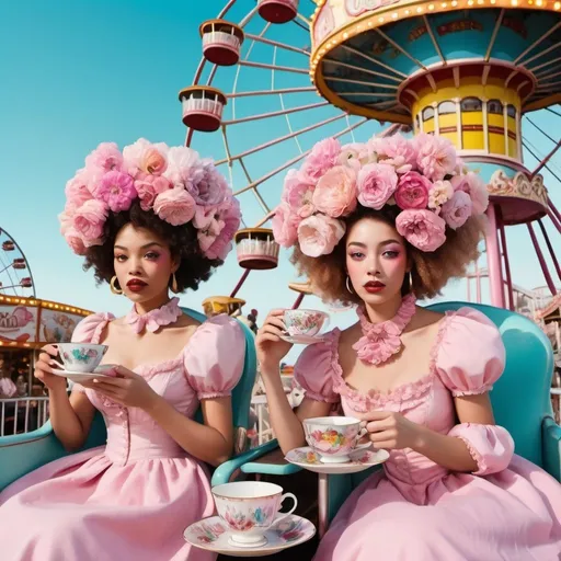 Prompt: Content women dressed like flowers and drinking out of ornate teacups, multi ethnic, surrealism, riding a roller coaster, Ferris wheel, carousel, carnival, pink poodles, pastel 