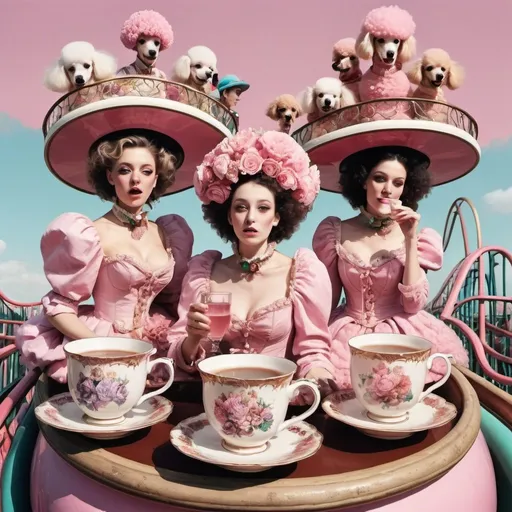 Prompt: women dressed like flowers and drinking out of ornate teacups, surrealism, riding a roller coaster, carnival, pink poodles