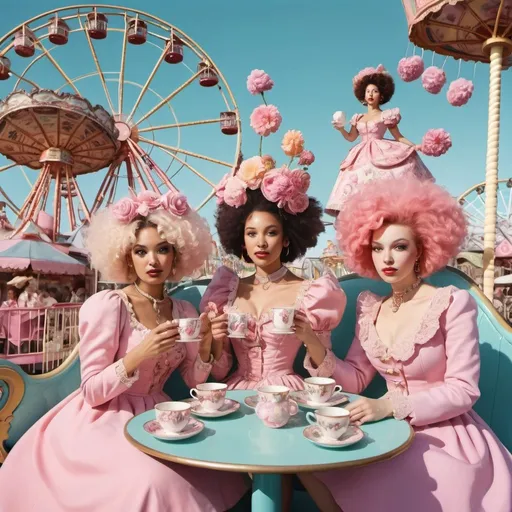 Prompt: Content women dressed like flowers and drinking out of ornate teacups, multi ethnic, surrealism, riding a roller coaster, Ferris wheel, carousel, carnival, pink poodles, pastel 