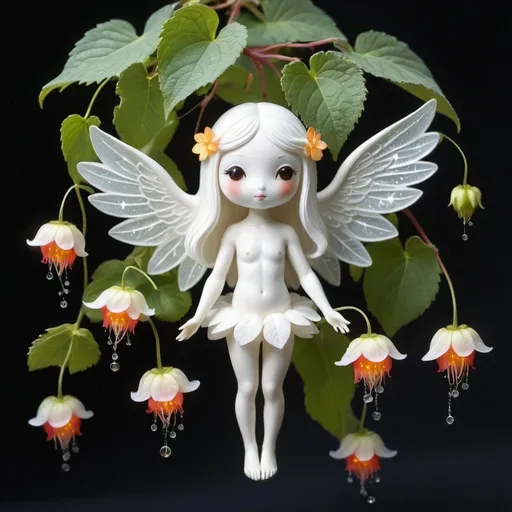 Prompt: a white sparkling cute being, anthropomorphic glowing being, tree spirit, plant spirit, passionflower, angel wing begonia, abutilon 