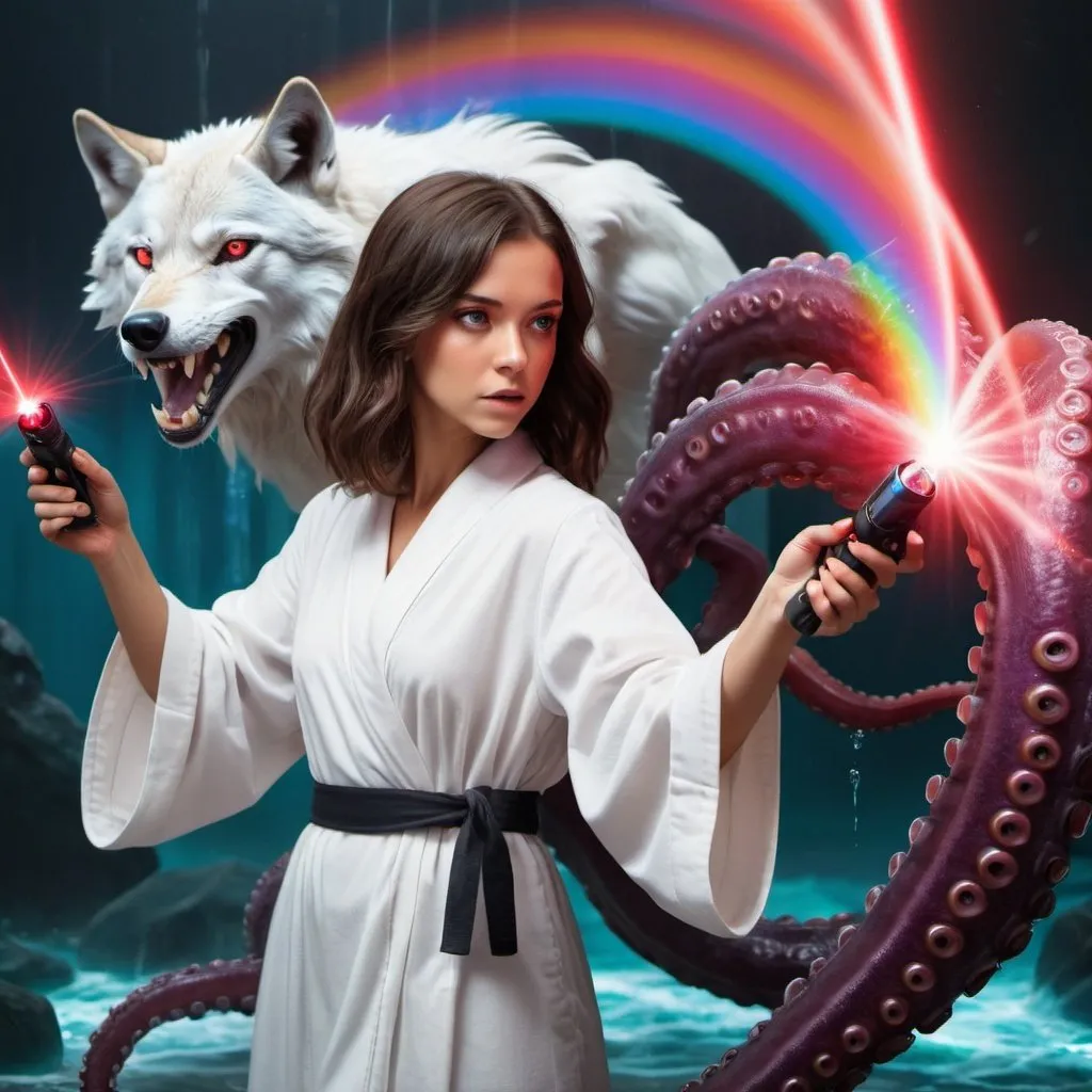 Prompt: A brunette girl in a white robe uses a rainbow laser to defeat a black octopus with a wolf head and red eyes 