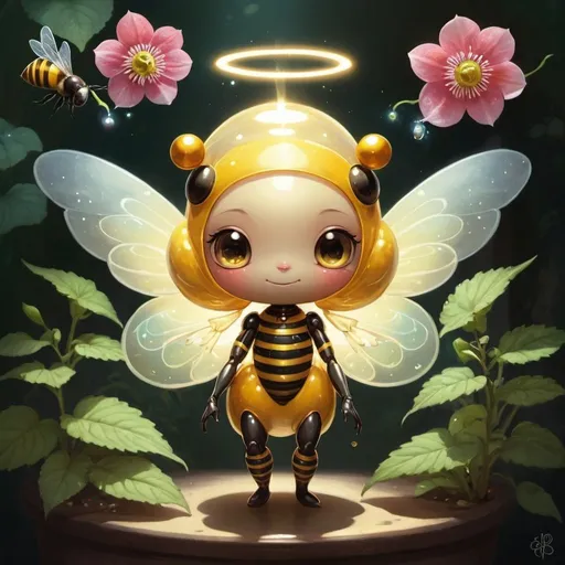 Prompt: a shiny being, cute, anthropomorphic, glowing being, orbs, passionflower, angel wing begonia, wishing, honey, bee 
