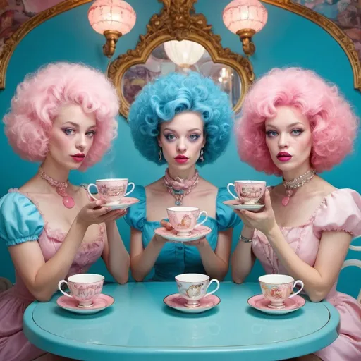 Prompt: Content women drinking out of ornate teacups, surrealism, fun house, carnival, pastel colors, pink poodles, bluebird on leash 