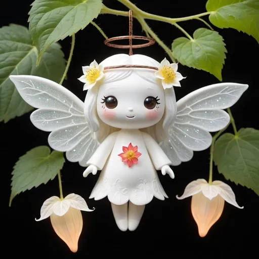 Prompt: a white sparkling cute being, anthropomorphic glowing being, tree spirit, plant spirit, passionflower, angel wing begonia, abutilon 