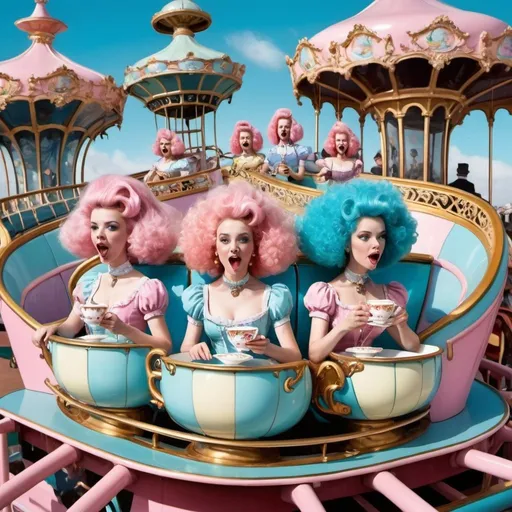 Prompt: Content women drinking out of ornate teacups riding a roller coaster, surrealism, fun house, carnival, pastel colors, carousel, monorail, pink poodles, bluebird on leash, Victorian style 