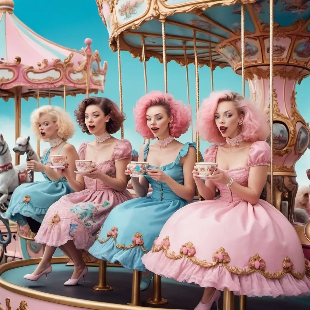 Prompt: Content women drinking out of ornate teacups riding a carousel, surrealism, fun house, carnival, pastel colors, roller coaster, pink poodles, bluebird on leash 