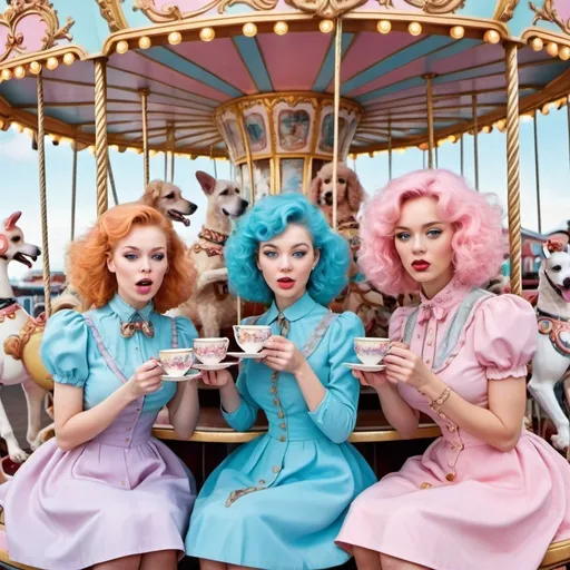 Prompt: Content women drinking out of ornate teacups riding a carousel, surrealism, fun house, carnival, pastel colors, roller coaster, pink poodles, bluebird on leash 