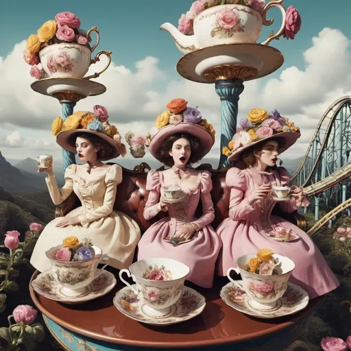 Prompt: women dressed like flowers and drinking out of ornate teacups, surrealism, riding a roller coaster 